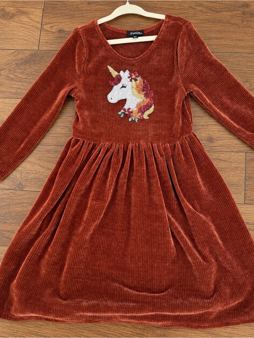 Zunie Girls' Rust Velvet Unicorn Applique Dress